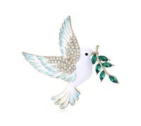 Peace Dove Enamel Brooch Pin, Gold-Tone Cubic Zirconia Olive Branch Lapel Corsage Badge for Women, Elegant Crystal Leaves & Bird Animal Jewellery Accessory for Suit Dress (Green)