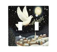 Peace Doves with Olive Decorative Light Switch Cover Wall Plate 2 Gang Double Toggle, Snowy Stars Night Moon Electrical Faceplate for Kitchen Bathroom, Birds Switchcover Decor
