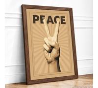 Peace Hand Retro Framed Wall Art Print A4 Walnut | Ready to Hang, Premium Gi Paper, Fade-Resistant Inks, Securely Packaged, UK Made