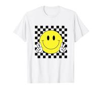 Peace Hand Yellow Happy Face Positive Black Checkered Kids T-Shirt
