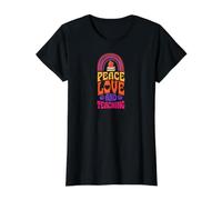 Peace Love and Teaching Bohemian Rainbow Value Graphic T-Shirt, Women, Black, M