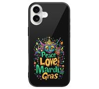 Peace Love Mardi And The Gras Slim Glass Case Protective Classic Cell Phone Basic Cases Compatible with iPhone 16/16 Plus/16 Pro/16 Pro Max/16 E