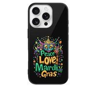 Peace Love Mardi And The Gras Slim Glass Case Protective Classic Cell Phone Basic Cases Compatible with iPhone 16/16 Plus/16 Pro/16 Pro Max/16 E