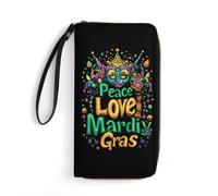 Peace Love Mardi and The Gras Women's Wallet Leather Coin Purse with Hand Strap Travel Long Wallets Credit Card Holder for Daily Use Gifts