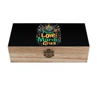 Peace Love Mardi And The Gras Wooden Storage Box with Hinged Lid Vintage Keepsake Fashion Jewelry Organizer Decorative Boxes