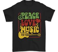Peace Love Music Guitar Hippy Flower Power Mens T-Shirt 100% Cotton Black L
