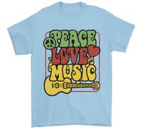 Peace Love Music Guitar Hippy Flower Power Mens T-Shirt 100% Cotton Light Blue XL