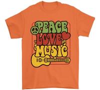 Peace Love Music Guitar Hippy Flower Power Mens T-Shirt 100% Cotton Orange 3XL