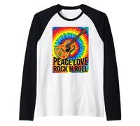 Peace Love Rock N Roll Hippie Guitar Retro Music 70s Tie Dye Raglan Baseball Tee