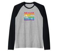 Peace on Earth, Hand Signs, Wavy Bubble Text, Rainbow Colors Raglan Baseball Tee