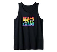 Peace on Earth, Hand Signs, Wavy Bubble Text, Rainbow Colors Tank Top