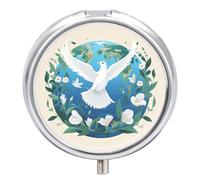 Peace on Earth Pill Box for Travel 3 Compartment Round Pill Case | Small Metal Pill Case with Mirror, Portable Daily Pill Organizer Mini Medicine Holder Vitamin Holder for Purse Wallet Travel