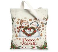 Peace On Earth Snowmen Holiday Quote Christmas Canvas Tote Bag 13x15 Inch | Gingerbread Biscuit , Holly Berries, Candy Canes, Winter Snowflakes, Festive Greeting