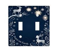 Peace On Earth Winter Deer Quote Christmas Double Light Switch Cover Plate | Silver Deer, Glowing Star Ornaments, Winter Botanical Accents, Peaceful Holiday Quote, Midnight Blue Tone