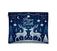 Peace On Earth Winter Deer Reindeer Christmas Makeup Bag 7x9 Inch | Winter Forest Scene, Makeup Zipper Pouch, Glowing Stars, Elegant Scrollwork, Serene Night Mood, Versatile Cosmetic Storage