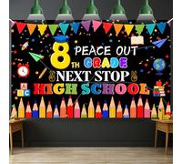 Peace Out 8th Grade Next Stop High School Backdrop, 6x3.6ft Thickened Polyester 8th Grade Graduation Decorations 2026, Vibrant Bye Bye 8th Grade Banner for Photo Booth Props & Party Supplies