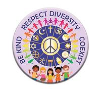 Peace Resource Project Multicolor Pinback Button - Be Kind, Respect Diversity, Coexist - Anti-racism, Equality, Social Change