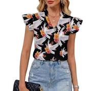 Peace Sign Dove White Pigeon Flowers Women's Ruffle Short Sleeve V Neck Shirts Summer Casual Trendy Blouse Tops M