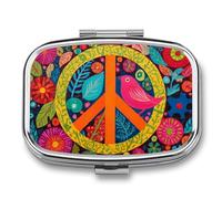 Peace Sign Folk Art Pill Box 2 Compartment Portable Medicine Pill Case Travel Pill Organizer for Pocket Purse