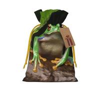 Peace Tree Frog Printed Christmas Drawstring Bags Reusable Bag for Christmas Party Xmas Gift Wrapping, Yellow Ribbon, M