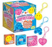 Peaceable Kingdom Backpack Charm Valentines, 28 Mini Boxes with 3 Cute Charm Designs, Classroom Valentine Exchange for Kids Ages 4+, Heart, Smiley & Headphone Charms, Includes 28 Boxes & 28 Charms