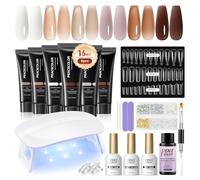 PEACECOLOR 24Pcs Poly Nail Gel Kit with U V light 6 Colors White Nude Brown Poly Nail Extension Gel with Glossy/Matte Top Coat Nail Rhinestones Starter Kit DIY Home Gifts for Women