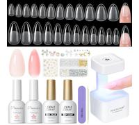 PEACECOLOR Nail Tips and Glue Gel Kit: 240Pcs Clear Short Medium Almond Nails with Portable U V Lamp, Nail Glue Pink Nude Jelly Gel Polish Press On Nail Acrylic Extension Set Tools Gifts for Women