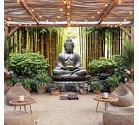 Peaceful Buddha Bamboo Garden Mural, Tapestry & Curtain Waterproof Outdoor Wall Hanging, Zen Meditation Wall Art & Tranquil Fence Decor W157.48 inches x H70.87 Inches