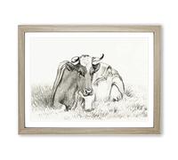 Peaceful Cow By Jean Bernard Vintage Framed Print | A4 Oak Framed Wall Art | Ready to Hang | Classic Animal Picture | Living Room Bedroom Lounge Office