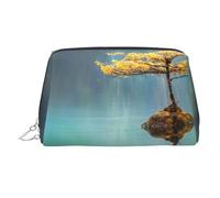 Peaceful Lake and A Tree Print Makeup Bag Portable Leather Waterproof Cosmetic Bag Clutch Makeup Brush Bag (6.7x4.3in)