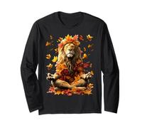 Peaceful Lion with Fall Leaves Meditating Animal Yoga Autumn Long Sleeve T-Shirt