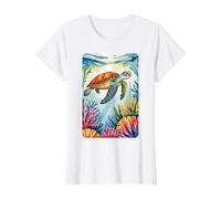 Peaceful Ocean Turtle & Colorful Reef Value Graphic T-Shirt, Women, White, XS
