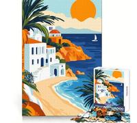 Peaceful Sail by The Mediterranean Coast Minimalist Travel Art Illustration 1000 Piece Jigsaw Puzzles for Adults Teenagers Brain Wellness Slow Leisure Perfect Lock size 38x52cm