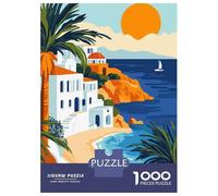 Peaceful Sail by The Mediterranean Coast Minimalist Travel Art Illustration 1000 Piece Jigsaw Puzzle, Landmark Urban View, 1000 Pieces for Adults, Family Night Game for Families, Weekend Hobby, 38x26c