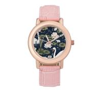 Peaceful Swans Water Lilies Pattern Womens Leather Strap Elegant Lady Wrist Watches Casual Band Three-Hand Watch