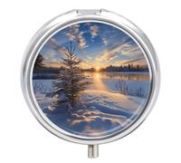 Peaceful Winter Scenery Pill Box Cute Round Pill Case Portable Medicine Tablet Vitamin Holder Organizer for Purse Pocket