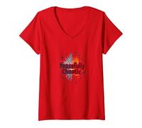 Peacefully Chaotic: Vibrant Flame Art with Birds V-Neck T-Shirt, Women, Red, XXL