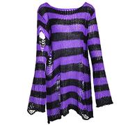 Peaceglad Women's Long Gothic Punk Ripped Striped Halloween Sweater Dress Knitted Pullover Hollow Out Jumper Tops, Purple, One Size
