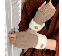 Peach Accessories Cable Knit Fingerless Gloves With Faux Fur Trim And Button In Beige Beige