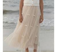 Peach Accessories Cream Tulle Midi Skirt With Bows In Ivory Ivory