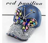 Peach Accessories Denim Cap With Large Crystal Butterfly Accent In Blue Blue One Size
