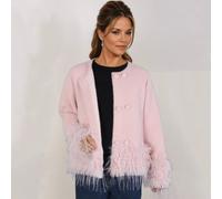 Peach Accessories Feather-Trim Cropped Double Row Buttons Cardigan In Baby Pink Baby Pink