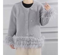 Peach Accessories Feather-Trim Cropped Double Row Buttons Cardigan In Grey Grey