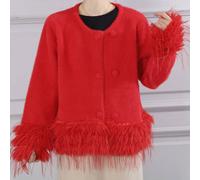 Peach Accessories Feather-Trim Cropped Double Row Buttons Cardigan In Red Red