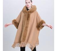 Peach Accessories Hooded Poncho Cape With Faux Fur Trim & Fringe In Camel Camel