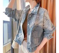 Peach Accessories Sparkle Sequin Fringe Mesh Patchwork Denim Jacket In Baby Blue Baby Blue