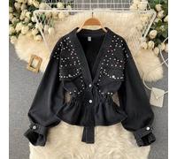 Peach Accessories Studded V-Neck Denim Jacket With Elastic Cinch Waist In Black Black