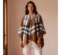 Peach Accessories Tartan Poncho Cape Wrap With Fringe Tan