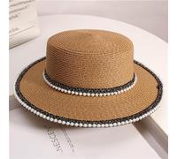 PEACH ACCESSORIES Women's Boater Straw Summer Hat with Pearl Trim in Tan PEACH ACCESSORIES Tan One Size