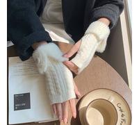 PEACH ACCESSORIES Women's Cable Knit Fingerless Gloves with Faux Fur Trim & Button in Ivory